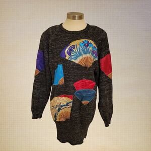 Vintage Bonnie Boerer Sweater Women's L Grey Longline Graphic Knit Pullover 80s